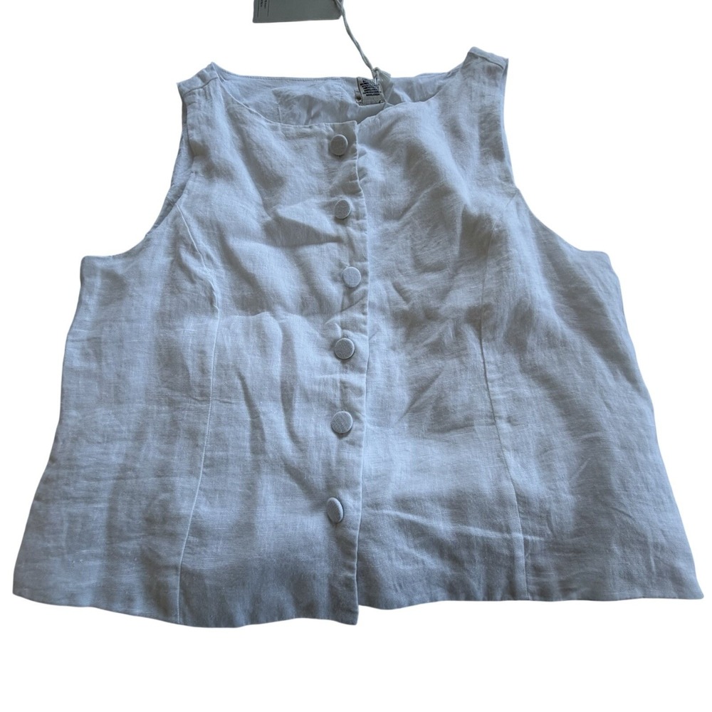 Jolie Womens L White 100% Linen Sleeveless Button Front‎ Top Blouse NWT